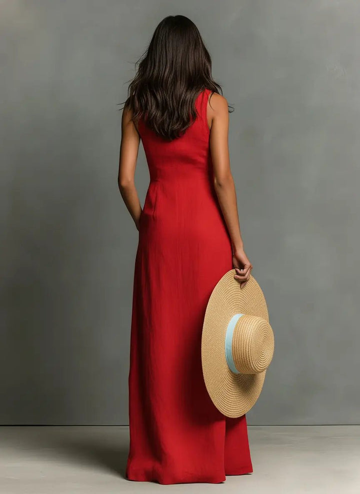Women's Sleeveless Button-Front Linen Maxi Shirt Dress
