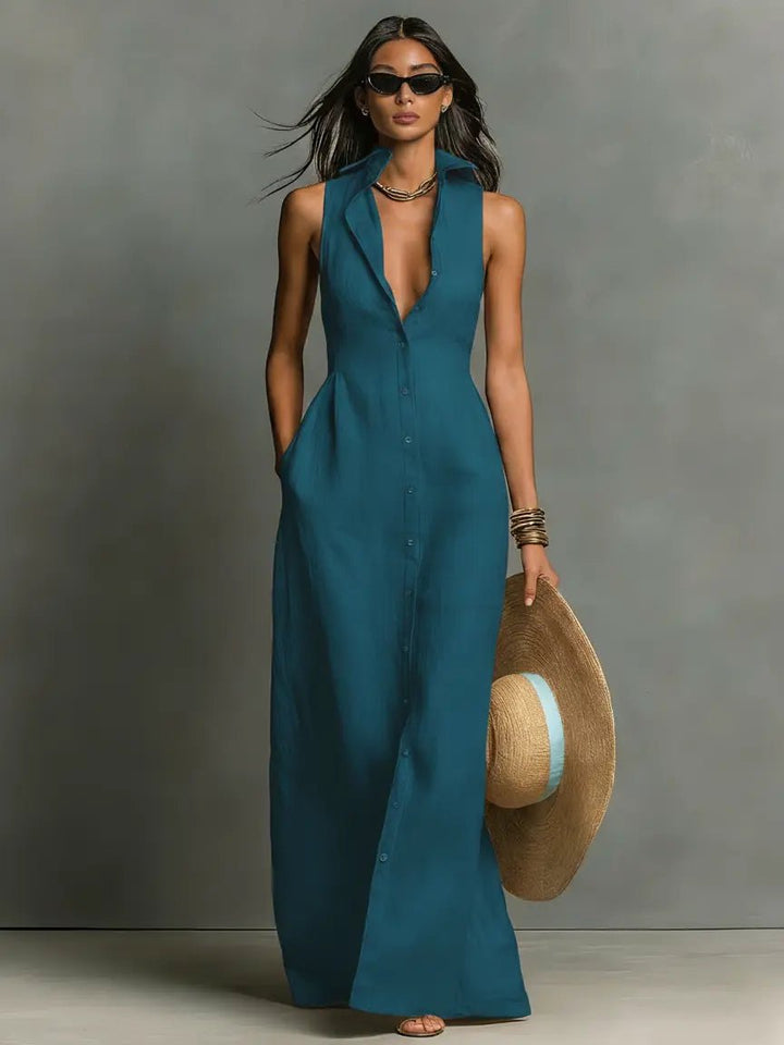 Women's Sleeveless Button-Front Linen Maxi Shirt Dress - Teal Blue