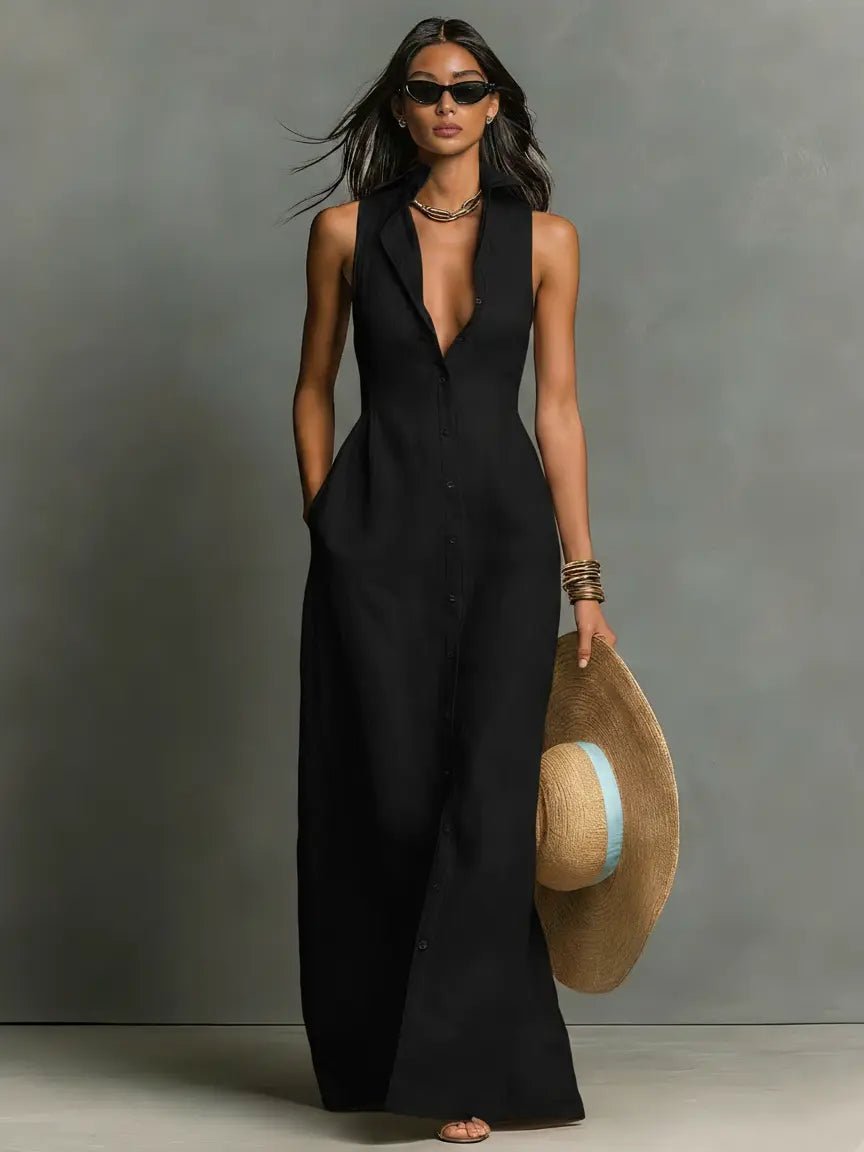 Women's Sleeveless Button-Front Linen Maxi Shirt Dress - Black