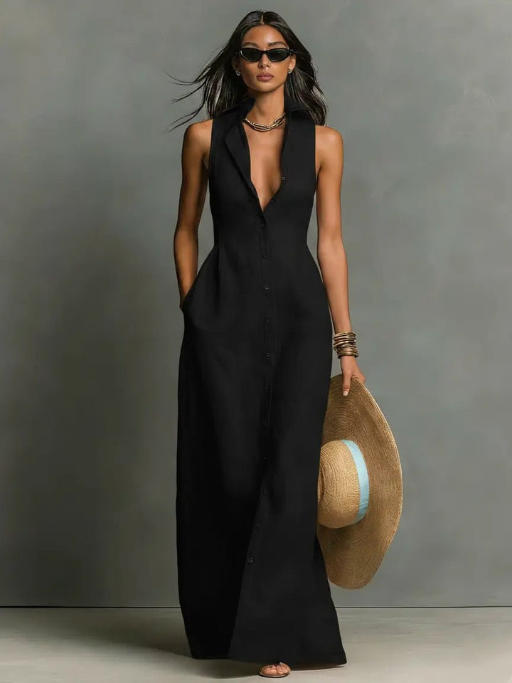 Women's Sleeveless Button-Front Linen Maxi Shirt Dress - Black