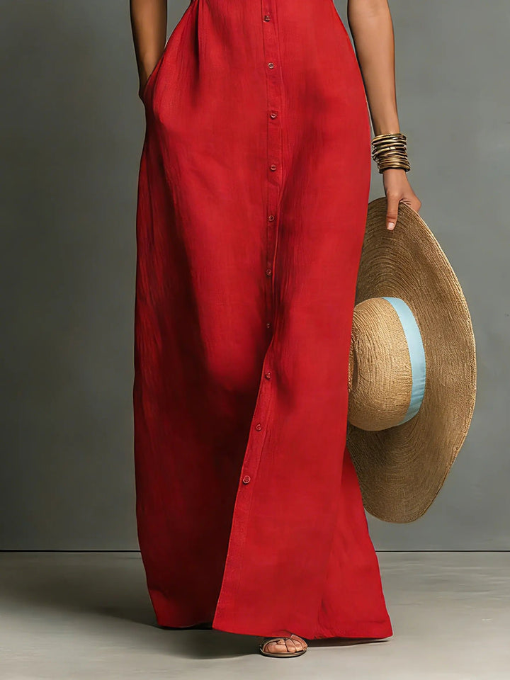 Women's Sleeveless Button-Front Linen Maxi Shirt Dress