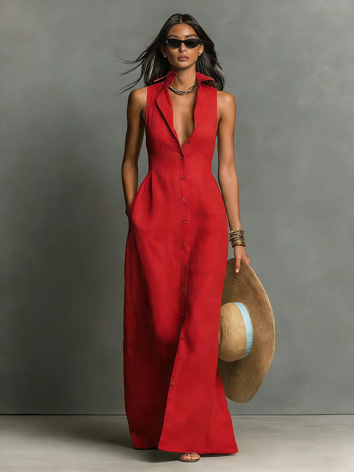 Women's Sleeveless Button-Front Linen Maxi Shirt Dress