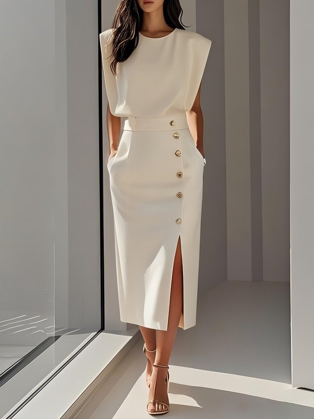 Women's Sleeveless Button-Front Midi Dress - Beige