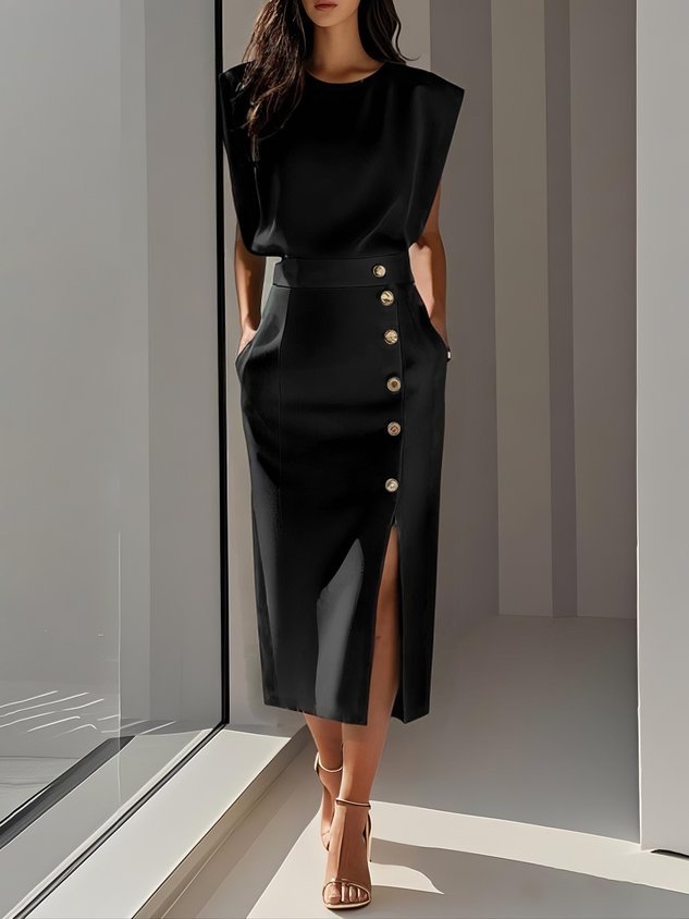 Women's Sleeveless Button-Front Midi Dress - Black