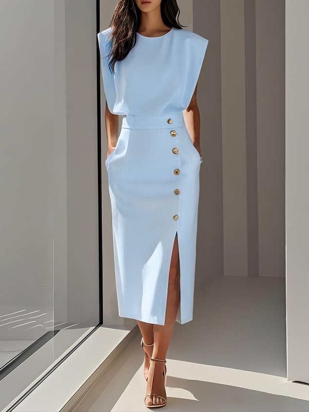 Women's Sleeveless Button-Front Midi Dress - Light Blue