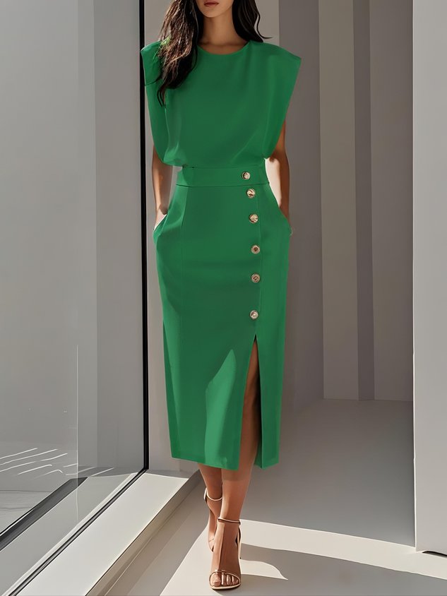 Women's Sleeveless Button-Front Midi Dress - Green