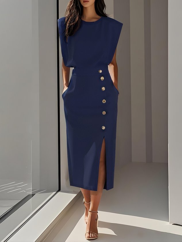 Women's Sleeveless Button-Front Midi Dress - Blue
