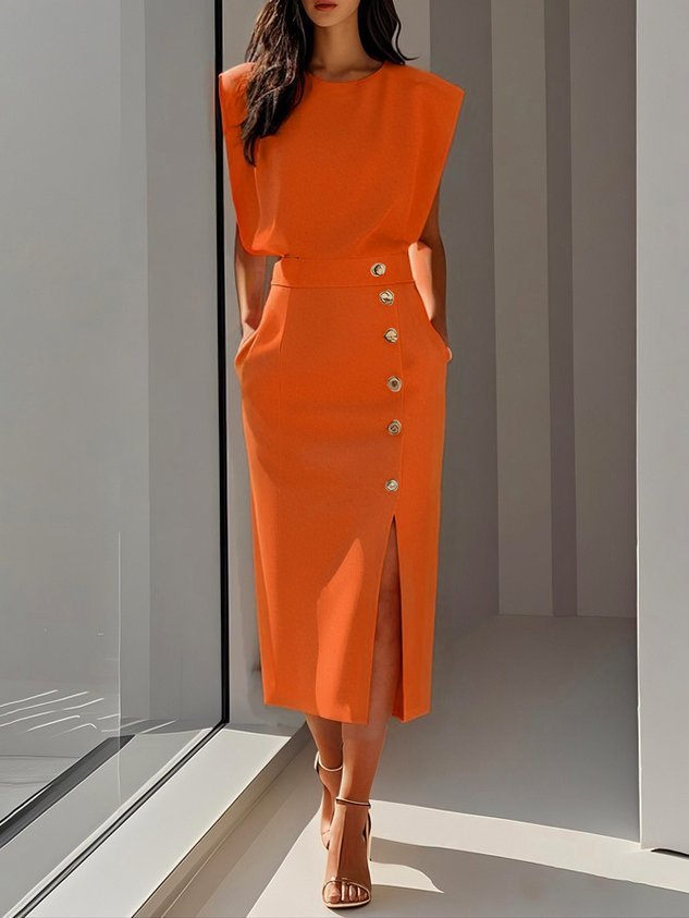 Women's Sleeveless Button-Front Midi Dress - Orange
