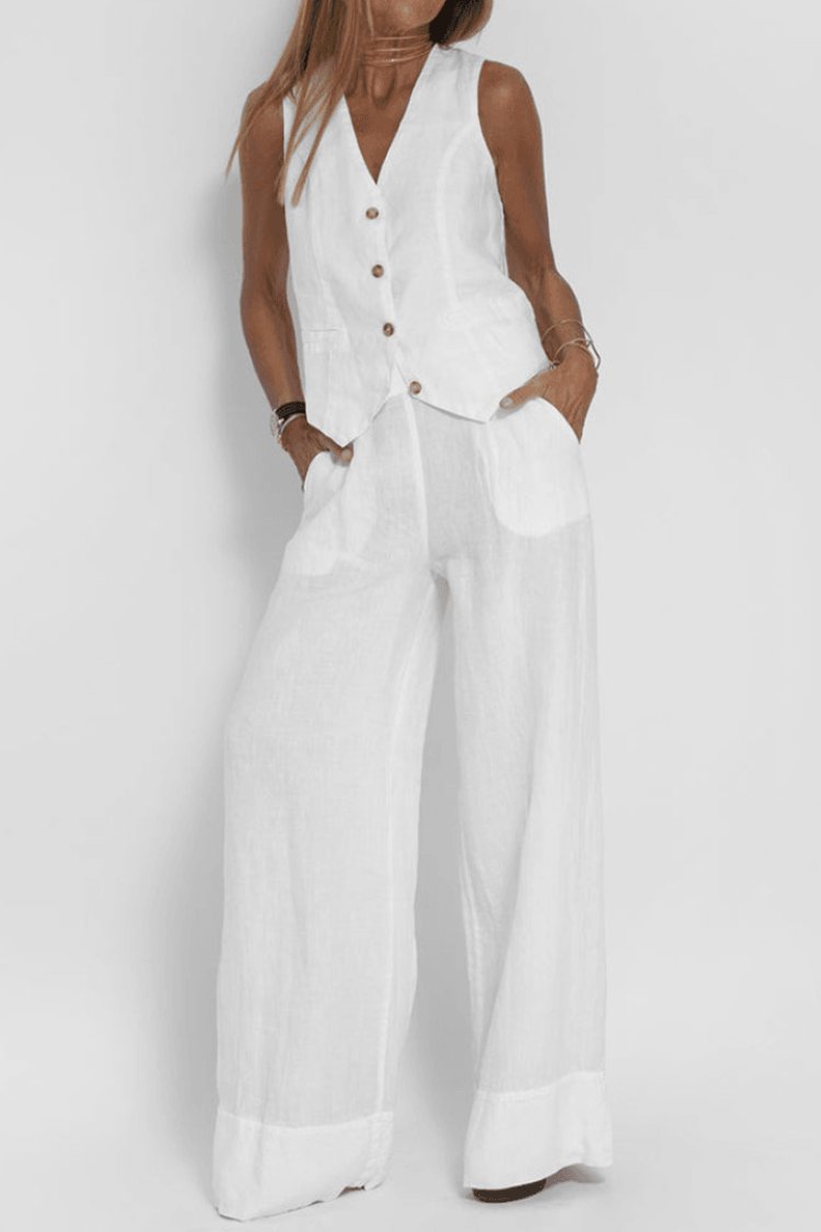 Women's Sleeveless Button-Front Wide-Leg Two-Piece Set - White