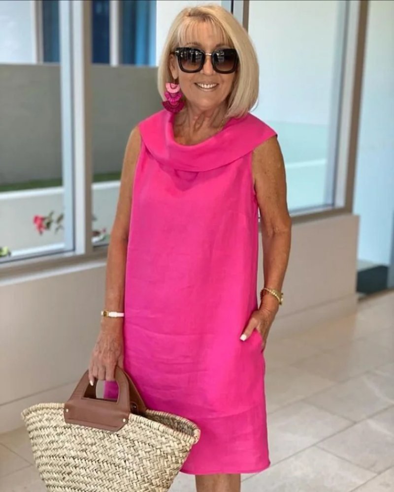 Women's Sleeveless Cowl-Neck Lightweight Summer Dress - Pink