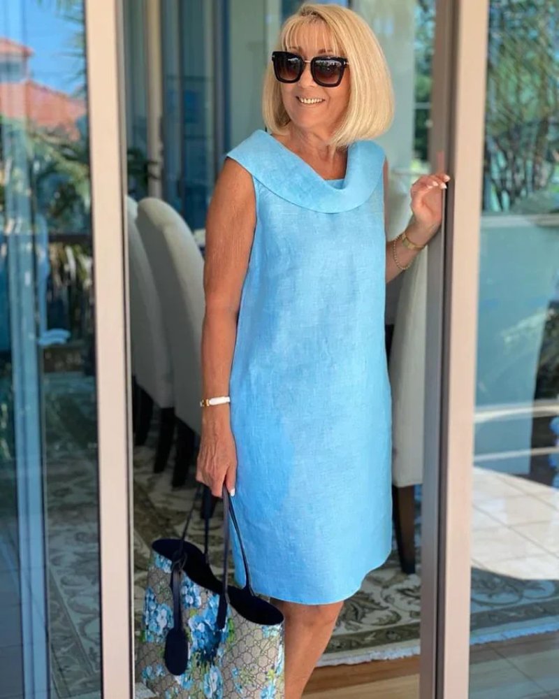 Women's Sleeveless Cowl-Neck Lightweight Summer Dress - Sky Blue