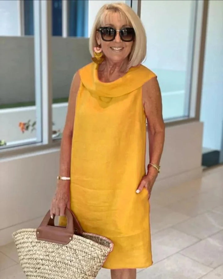 Women's Sleeveless Cowl-Neck Lightweight Summer Dress - Yellow