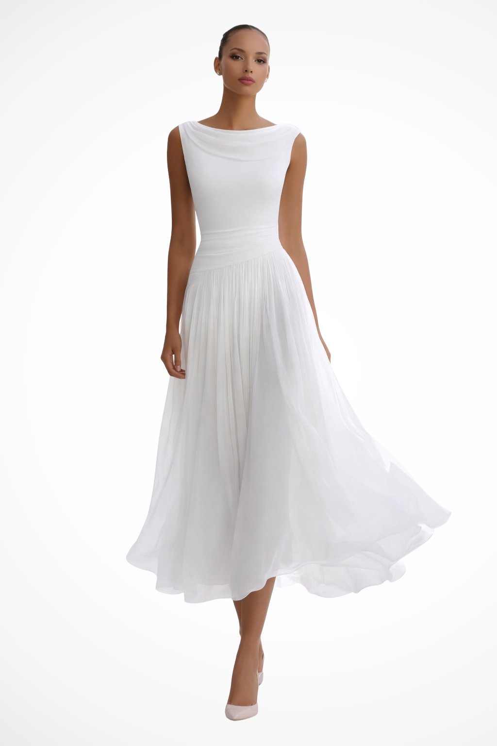 Women's Sleeveless Draped Cowl-Neck Pleated A-Line Midi Dress - Wit