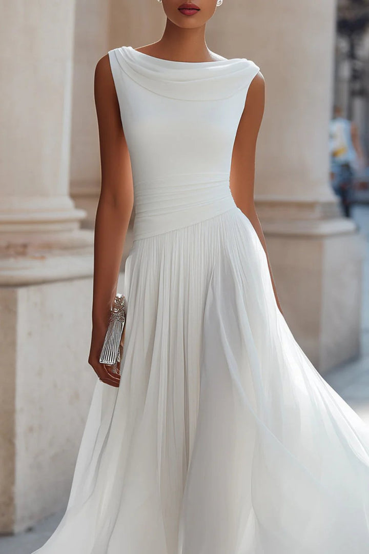 Women's Sleeveless Draped Cowl-Neck Pleated A-Line Midi Dress