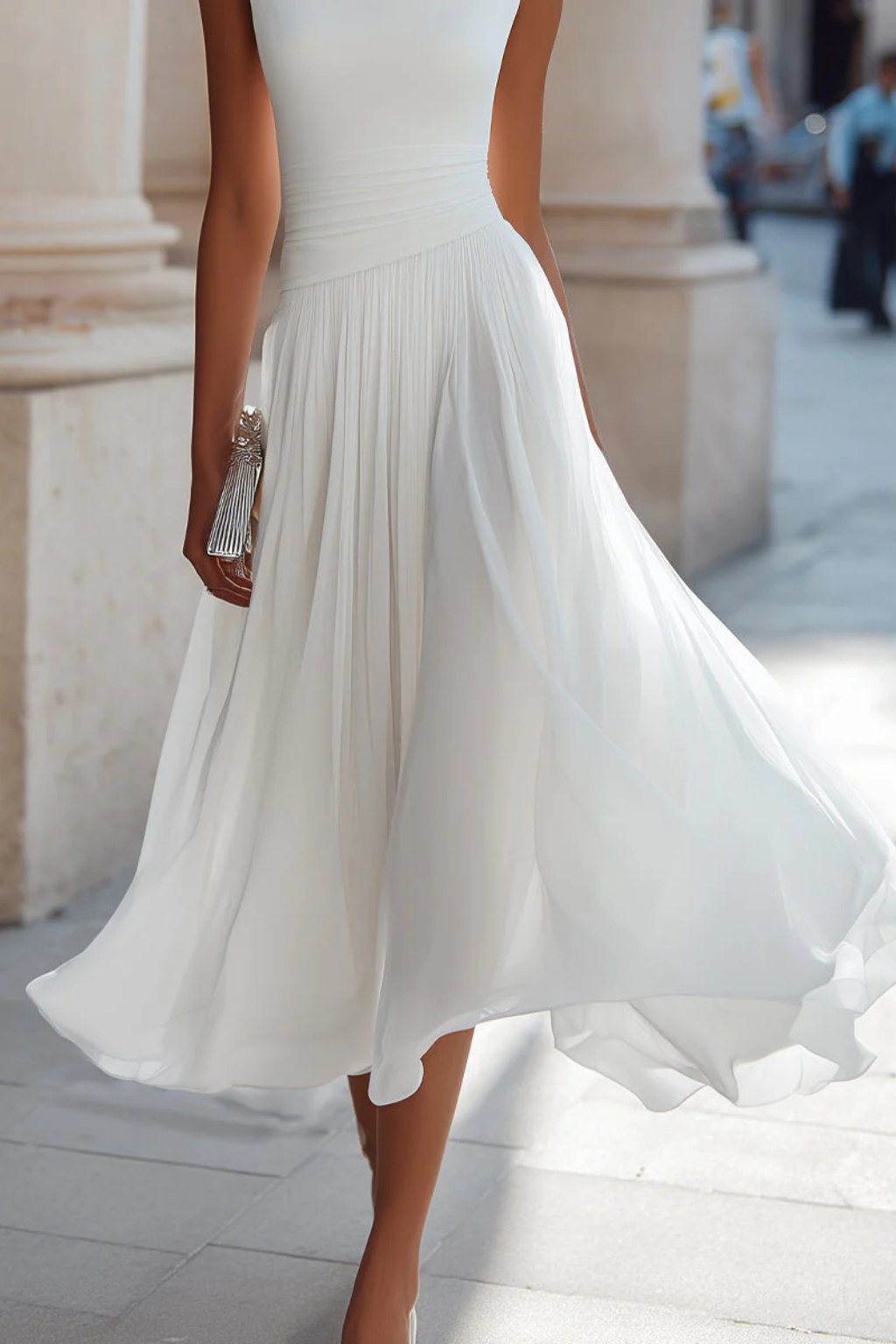 Women's Sleeveless Draped Cowl-Neck Pleated A-Line Midi Dress