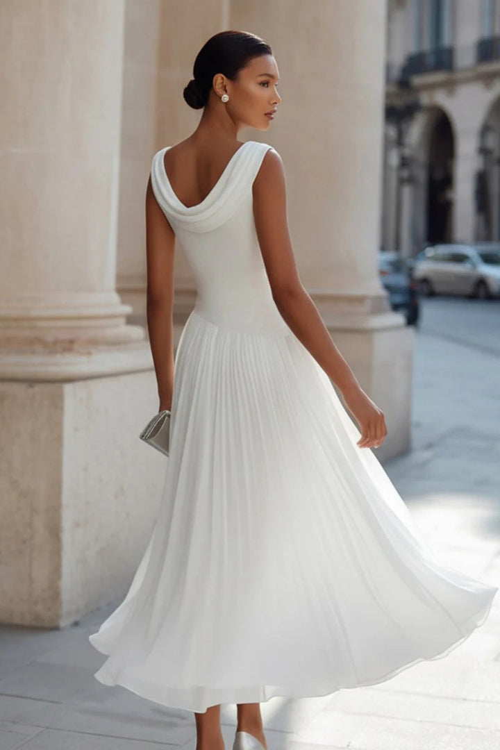 Women's Sleeveless Draped Cowl-Neck Pleated A-Line Midi Dress