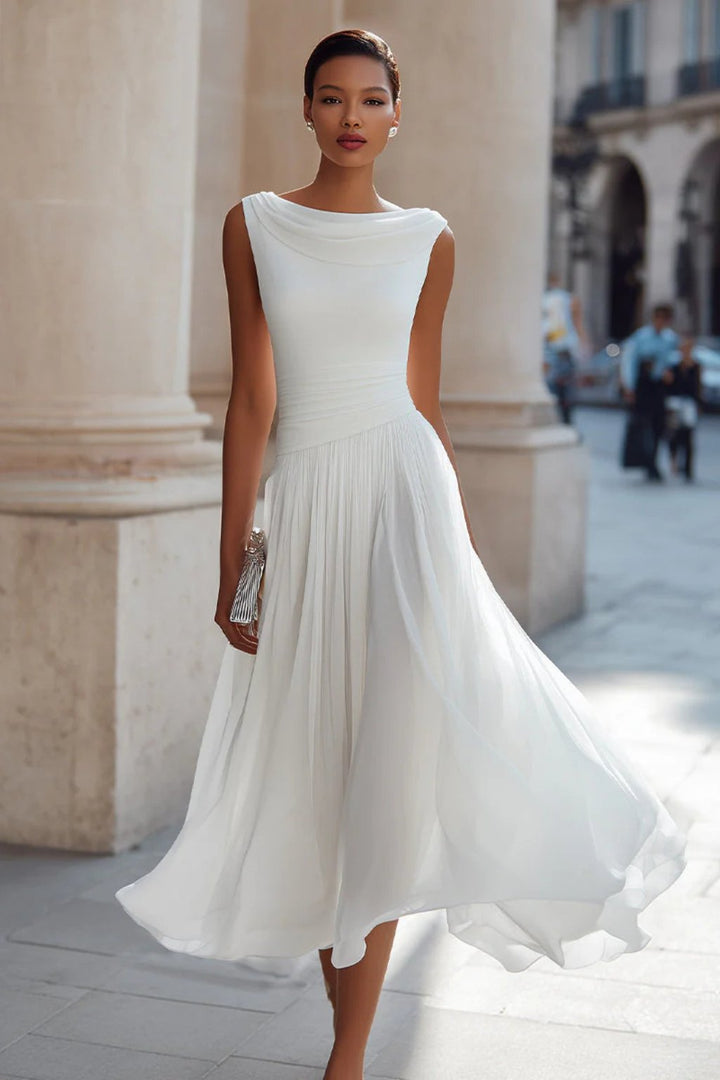 Women's Sleeveless Draped Cowl-Neck Pleated A-Line Midi Dress