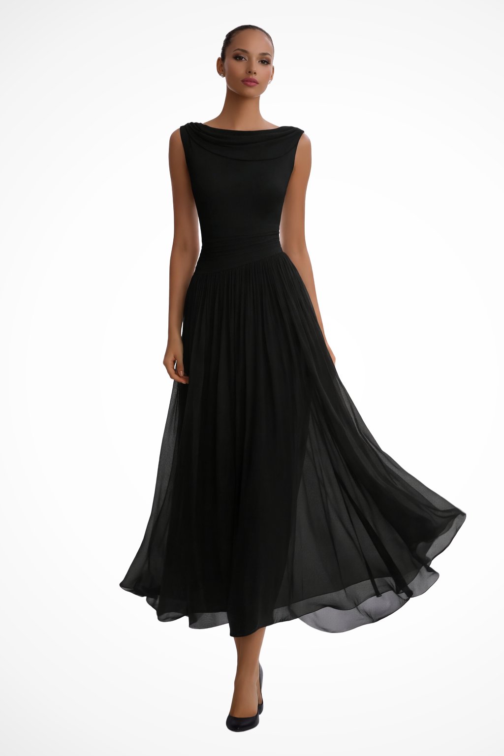 Women's Sleeveless Draped Cowl-Neck Pleated A-Line Midi Dress - Zwart
