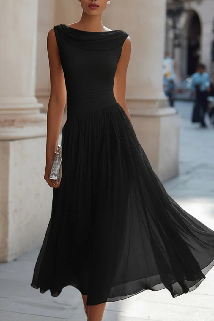 Women's Sleeveless Draped Cowl-Neck Pleated A-Line Midi Dress