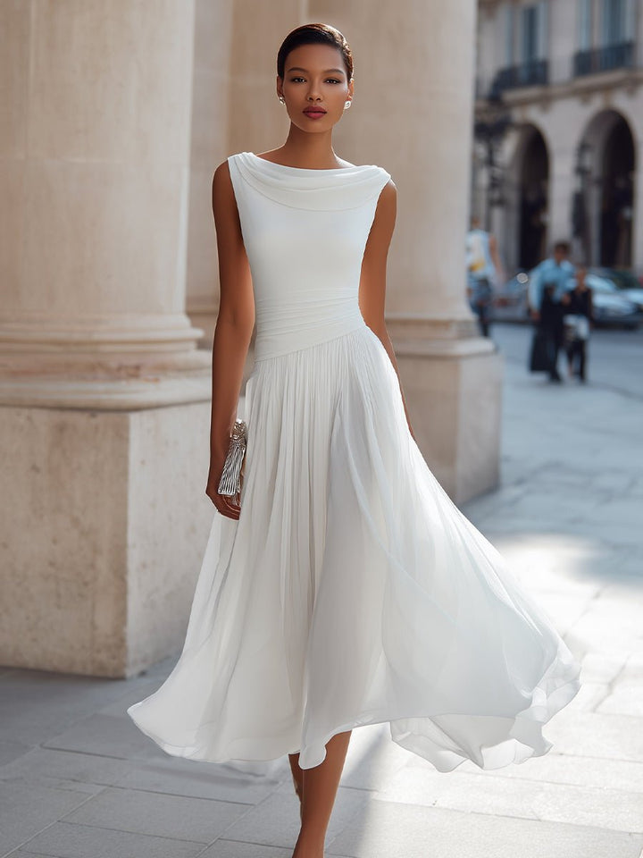 Women's Sleeveless Draped-Neck Pleated Midi Dress