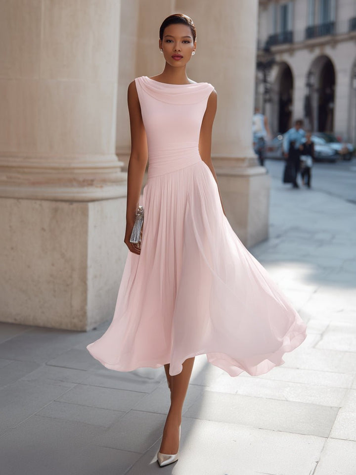 Women's Sleeveless Draped-Neck Pleated Midi Dress - Pink