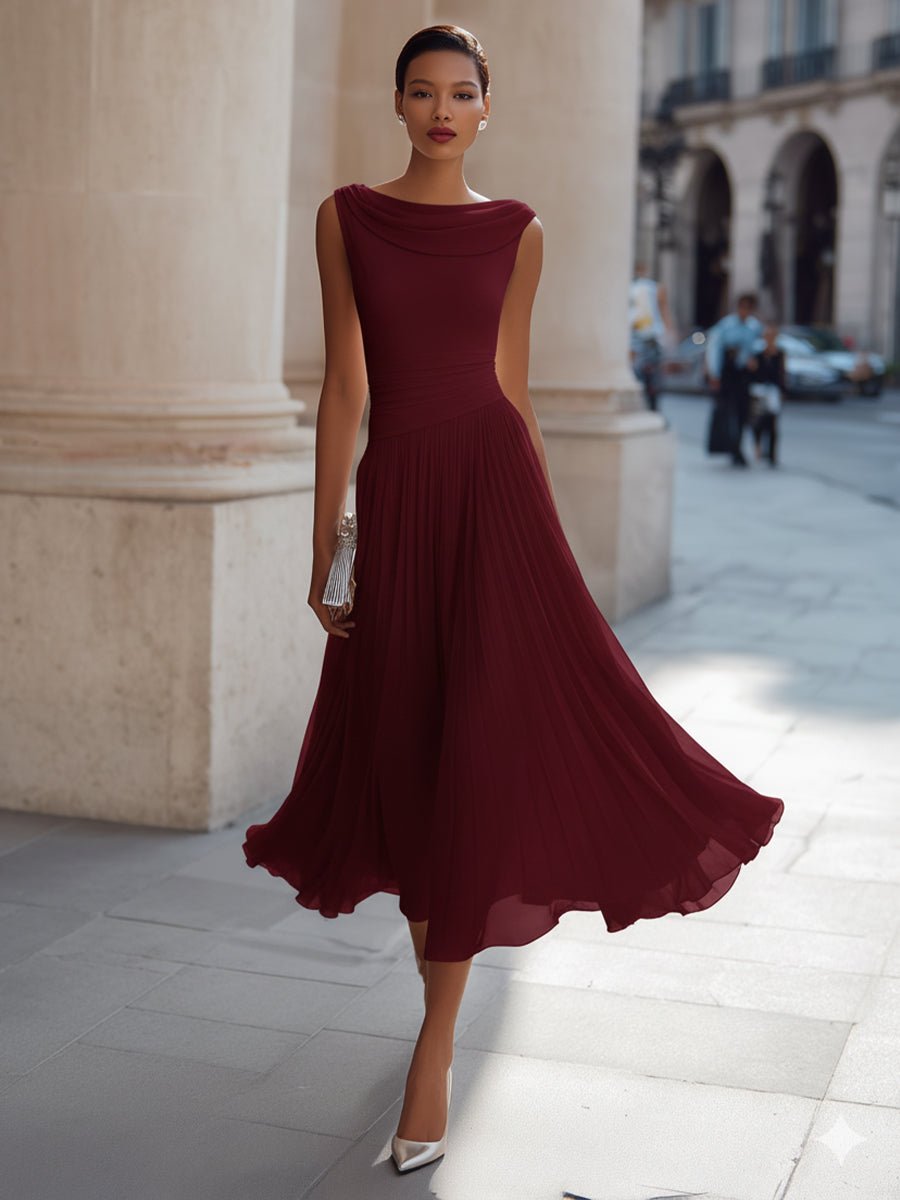 Women's Sleeveless Draped-Neck Pleated Midi Dress - Burgundy