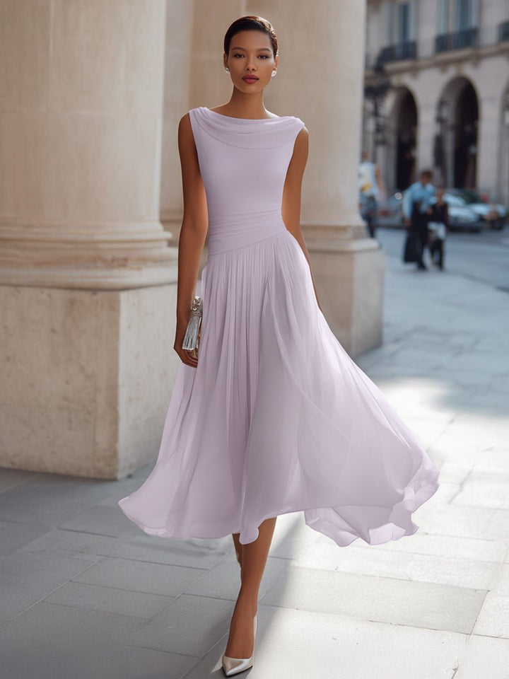 Women's Sleeveless Draped-Neck Pleated Midi Dress - Lavender