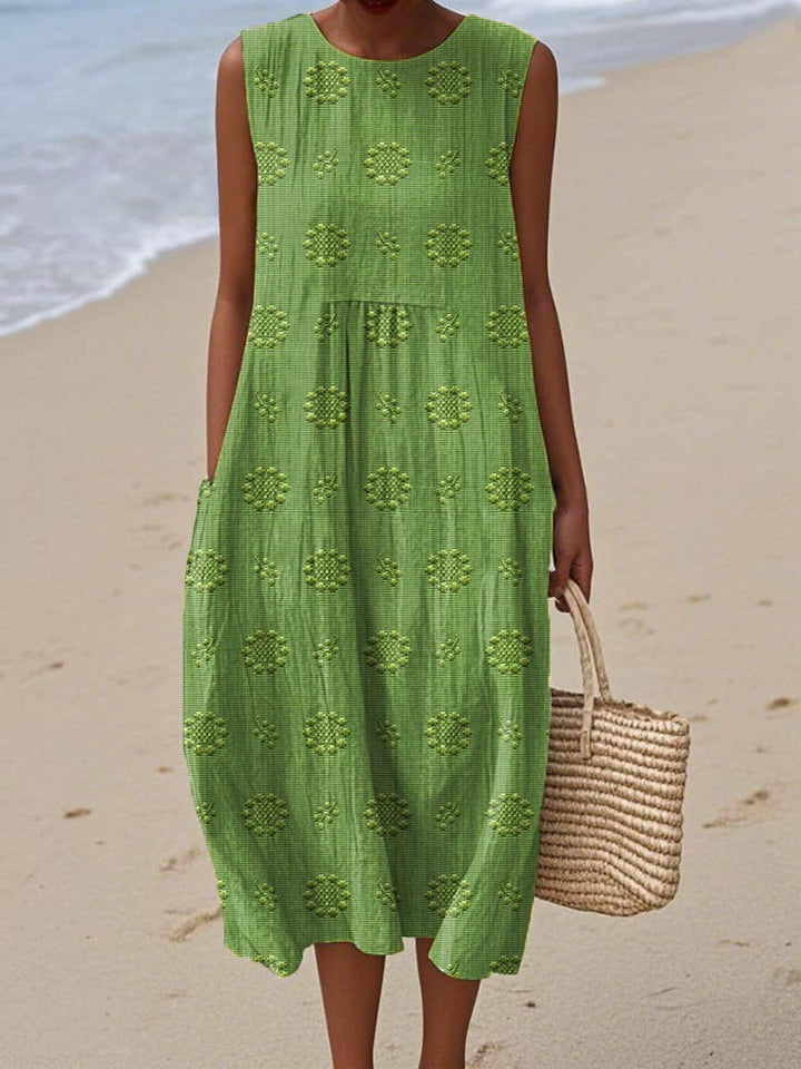 Women's Sleeveless Embroidered Relaxed-Fit Round-Neck Midi Dress - Green