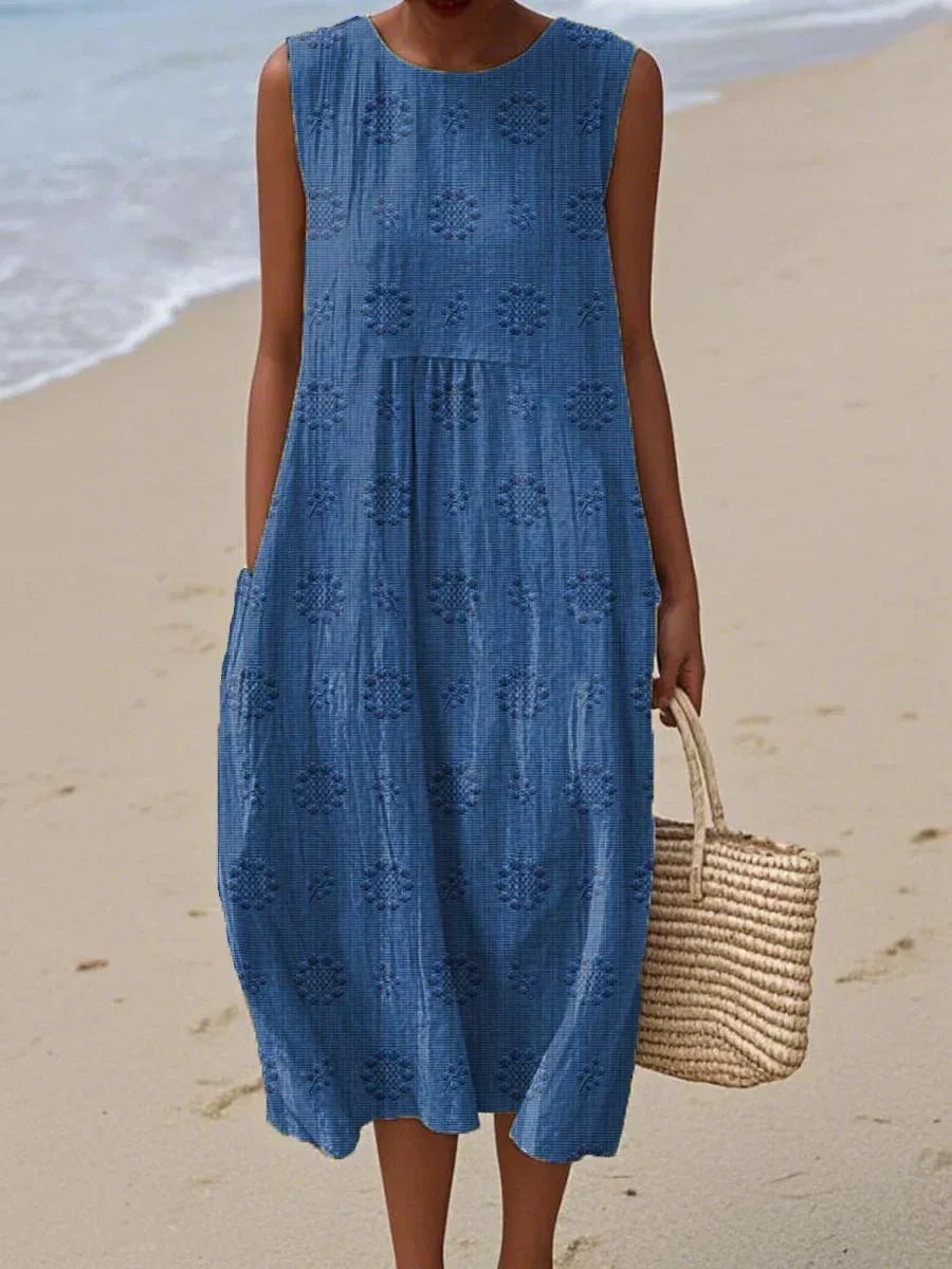 Women's Sleeveless Embroidered Relaxed-Fit Round-Neck Midi Dress - Blue