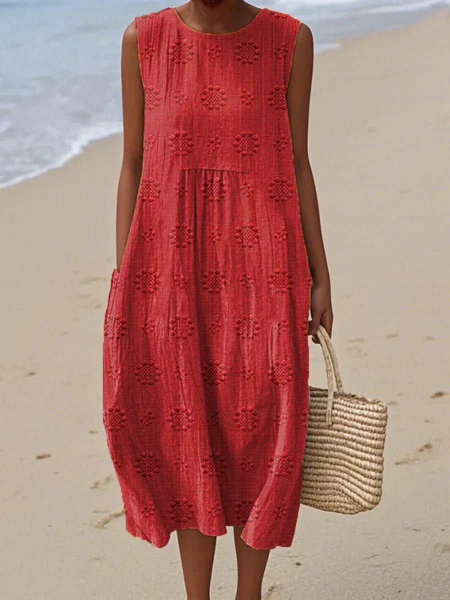 Women's Sleeveless Embroidered Relaxed-Fit Round-Neck Midi Dress - Red