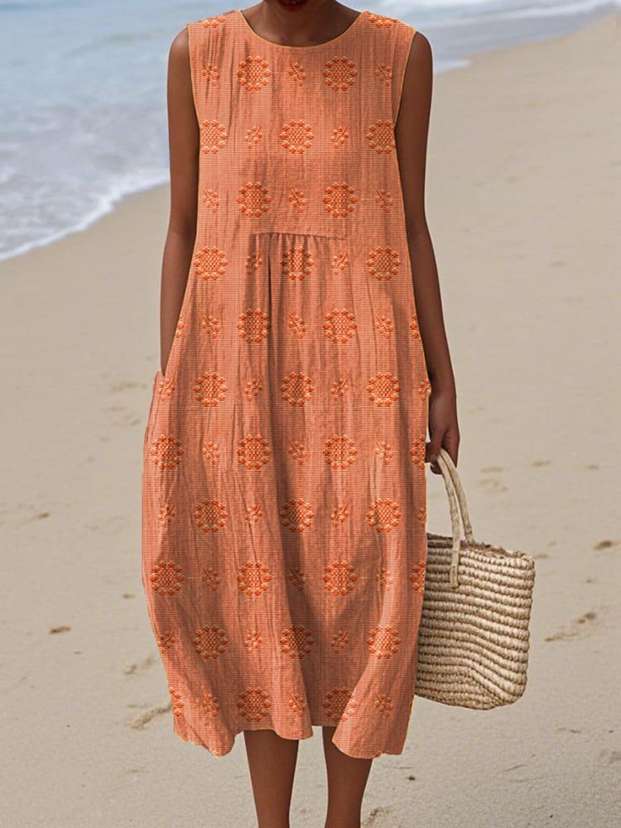 Women's Sleeveless Embroidered Relaxed-Fit Round-Neck Midi Dress - Orange