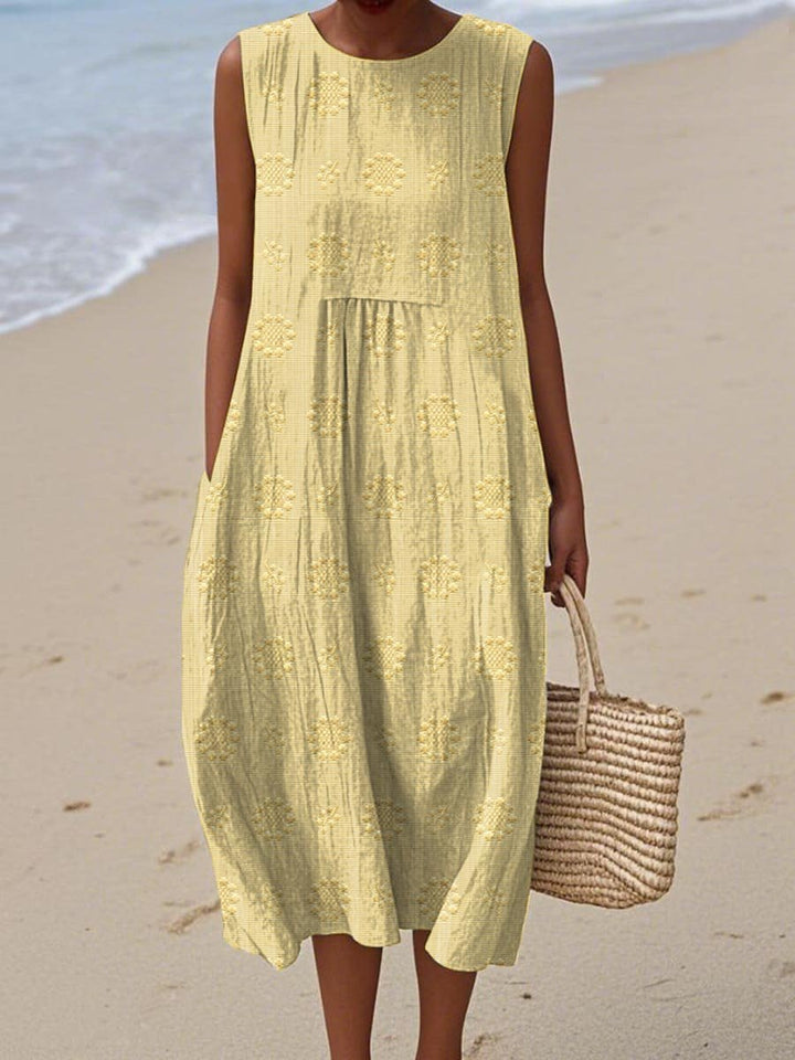 Women's Sleeveless Embroidered Relaxed-Fit Round-Neck Midi Dress - Light Yellow