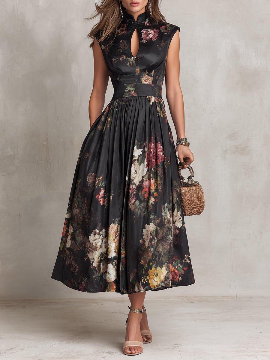 Women's Sleeveless Floral Satin Keyhole Midi Dress - Black