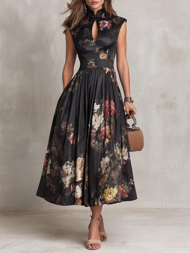 Women's Sleeveless Floral Satin Keyhole Midi Dress - Black