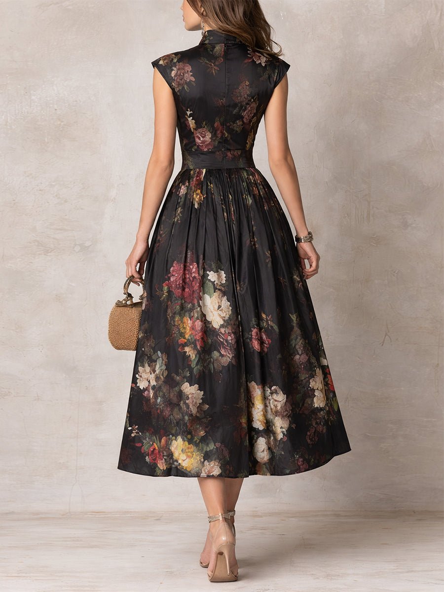 Women's Sleeveless Floral Satin Keyhole Midi Dress