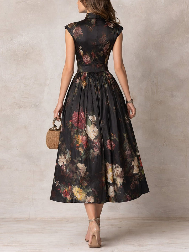 Women's Sleeveless Floral Satin Keyhole Midi Dress