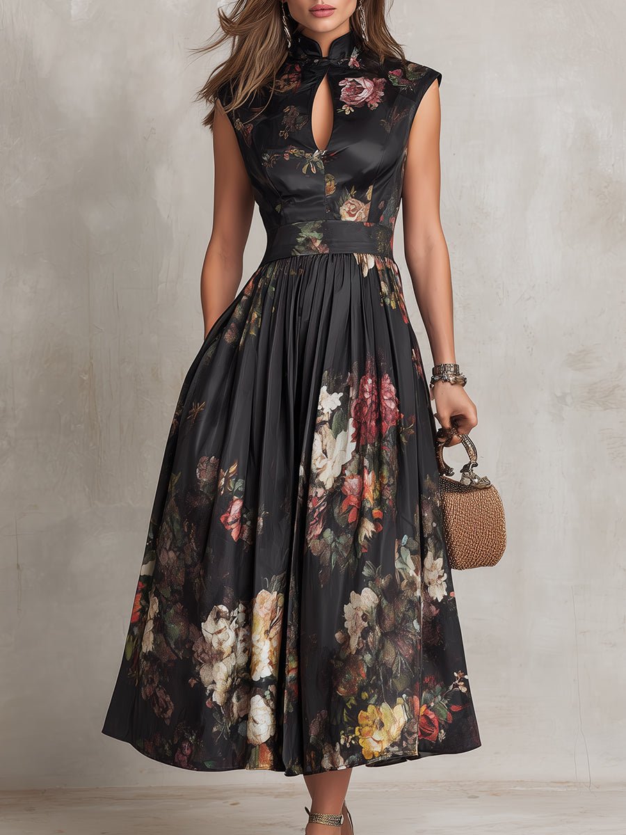 Women's Sleeveless Floral Satin Keyhole Midi Dress