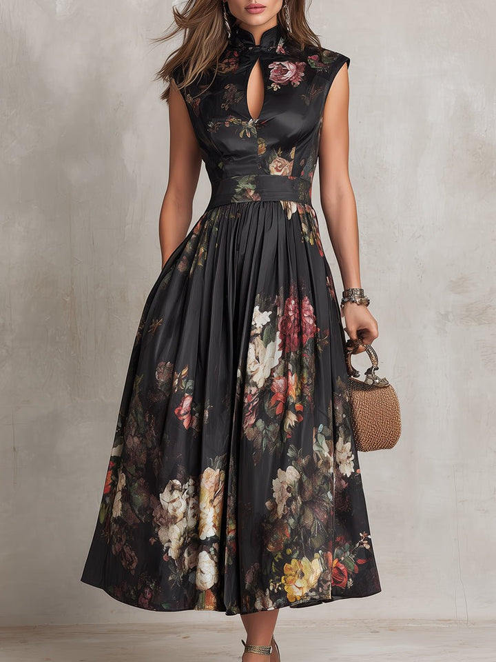 Women's Sleeveless Floral Satin Keyhole Midi Dress