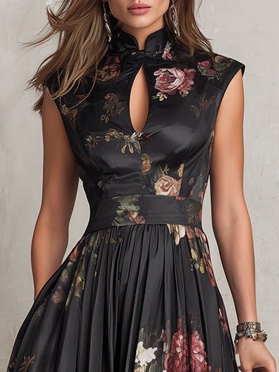 Women's Sleeveless Floral Satin Keyhole Midi Dress