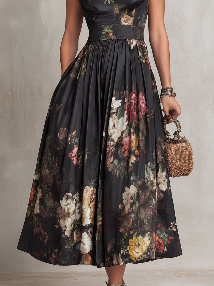 Women's Sleeveless Floral Satin Keyhole Midi Dress