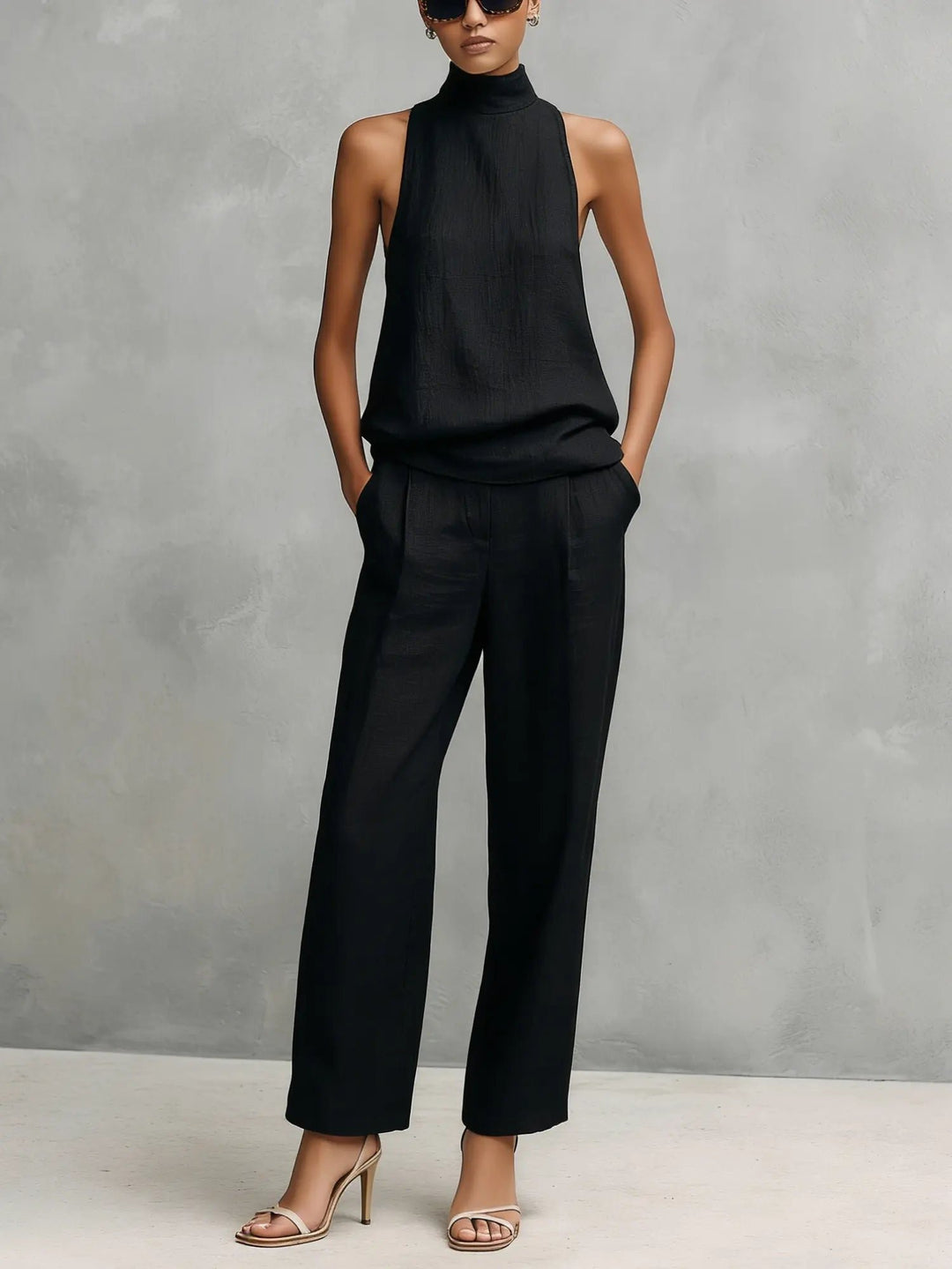 Women's Sleeveless High-Neck Cotton-Linen Two-Piece Set - Black