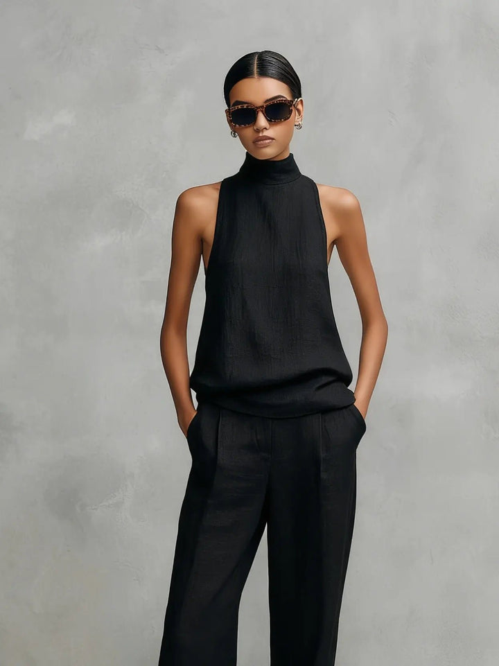 Women's Sleeveless High-Neck Cotton-Linen Two-Piece Set