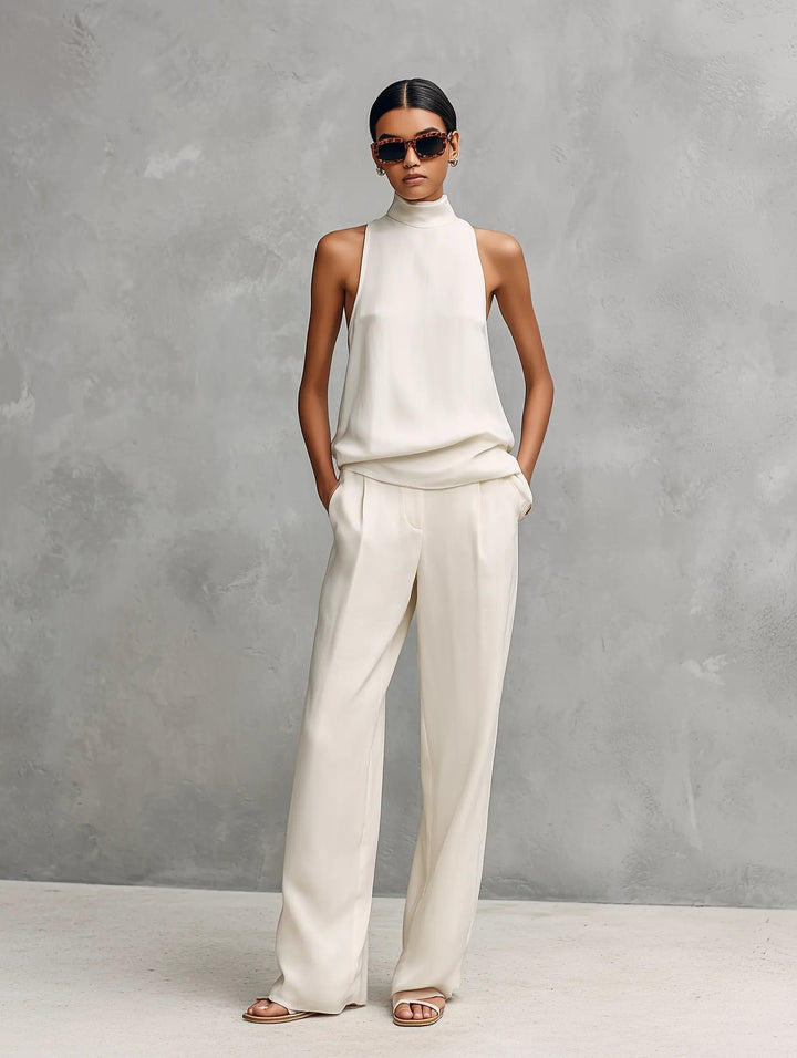 Women's Sleeveless High-Neck Cotton-Linen Two-Piece Set - White