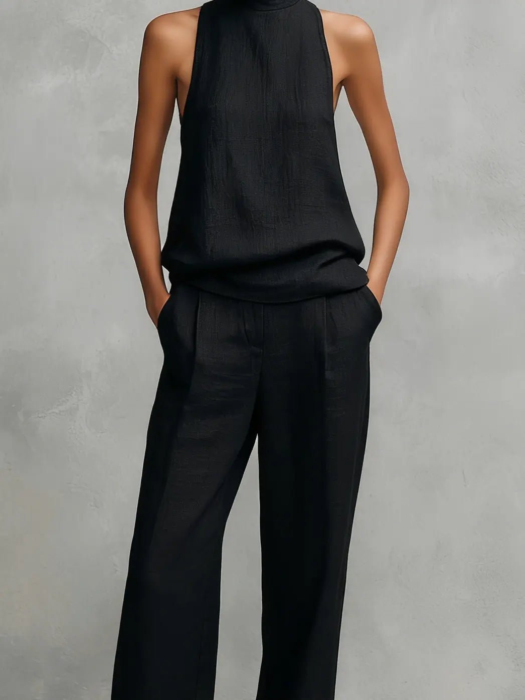 Women's Sleeveless High-Neck Cotton-Linen Two-Piece Set