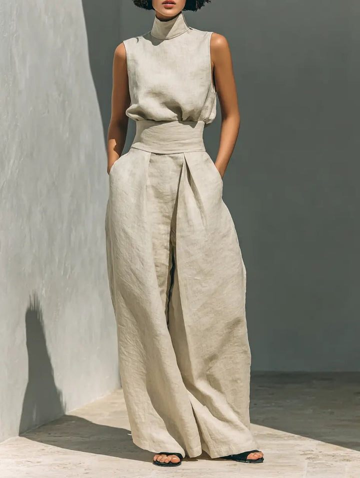 Women's Sleeveless High-Neck Cotton-Linen Wide-Leg Pants Set - Khaki