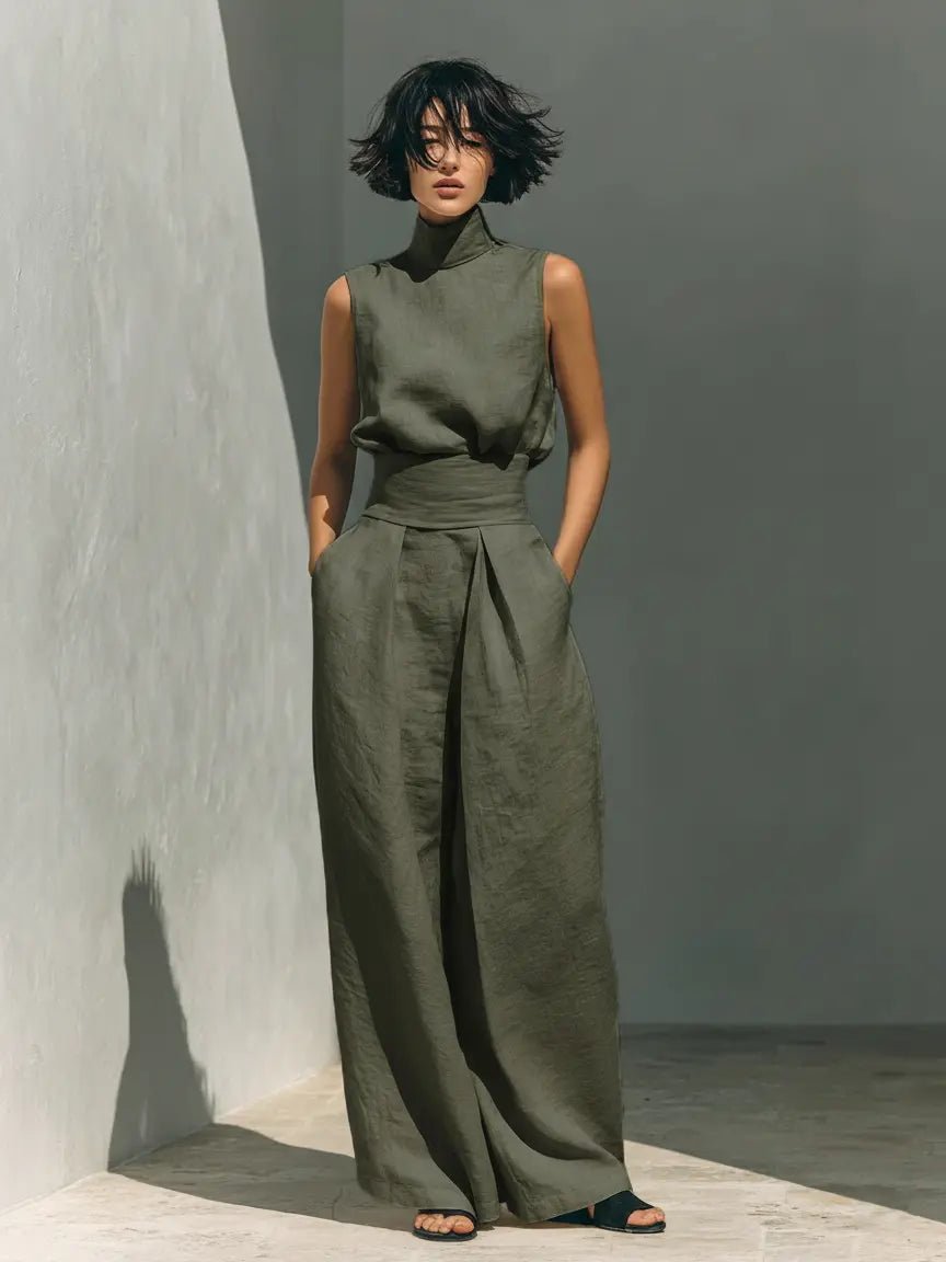 Women's Sleeveless High-Neck Cotton-Linen Wide-Leg Pants Set - Army Green