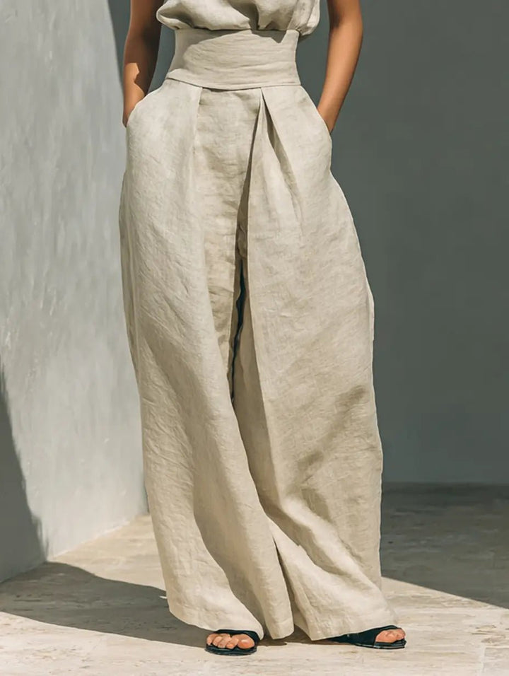 Women's Sleeveless High-Neck Cotton-Linen Wide-Leg Pants Set