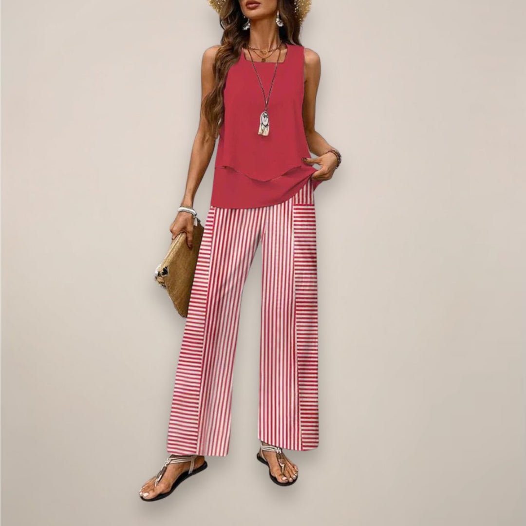 Women's Sleeveless Layered Square-Neck Two-Piece Set - Red