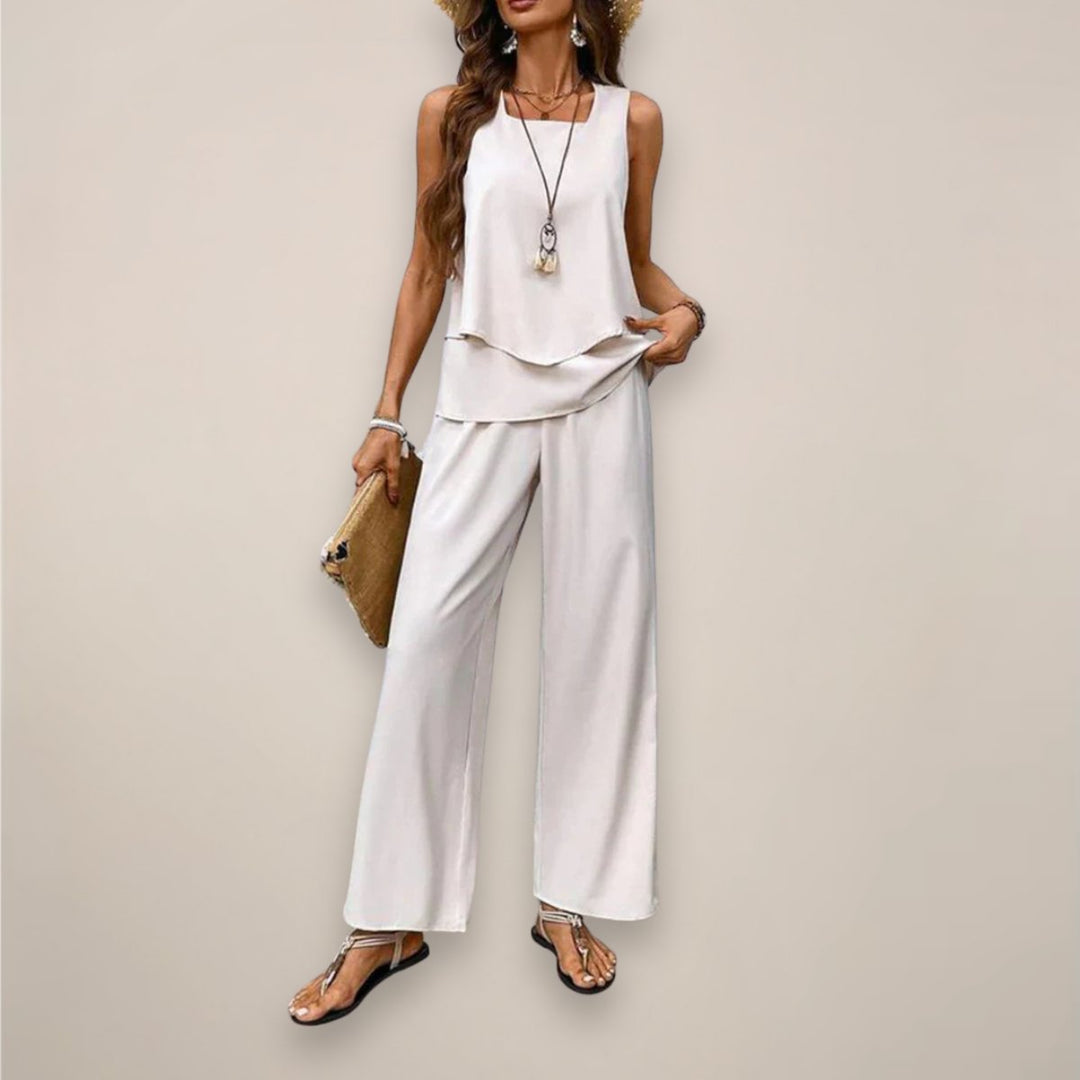 Women's Sleeveless Layered Square-Neck Two-Piece Set - Beige