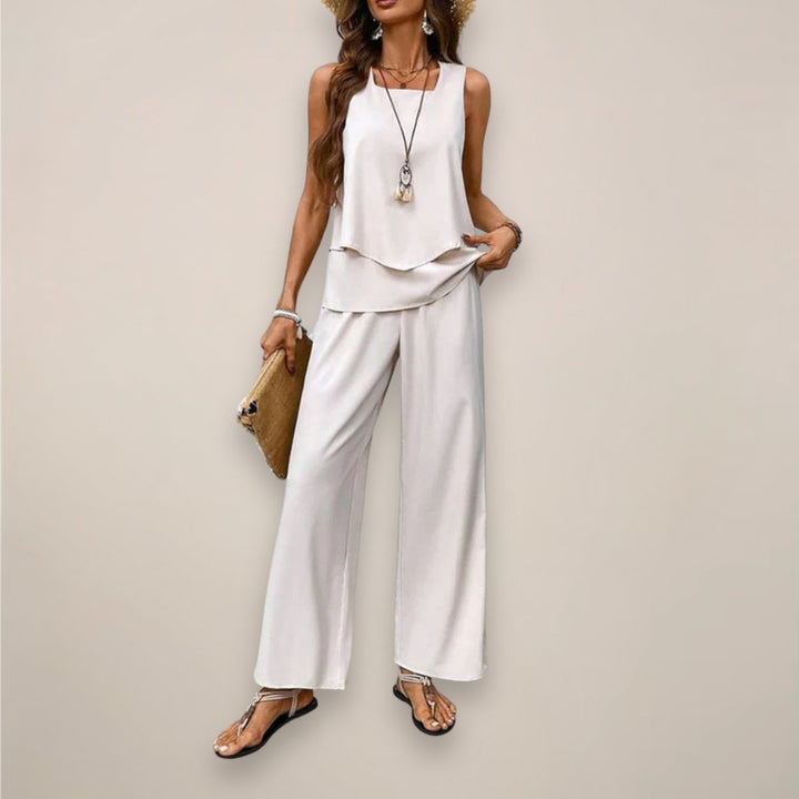 Women's Sleeveless Layered Square-Neck Two-Piece Set - Beige
